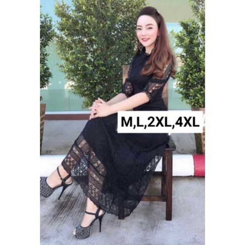 m-4xl-maxi-dress-เดรสดำผ้าปักลายแขนสามส่วน-งานป้าย-love-love