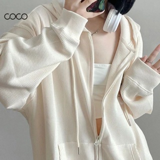 Coco~แจ็คเก็ตมีฮู้ด เสื้อคาร์ดิแกนบางหลวม 2XL oversize ซิป Hoodie เสื้อผ้าแฟชั่นผู้หญิง
