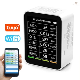 Fw Tuya เครื่องตรวจจับคุณภาพอากาศ WiFi แบบพกพา 6 In 1 อเนกประสงค์ PM2.5 TVOC CO2 CH2O สําหรับบ้าน ออฟฟิศ