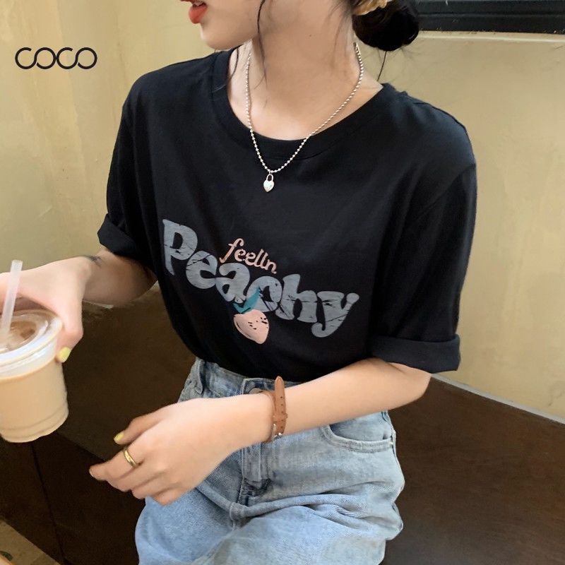 coco-เสื้อยืดแขนสั้น-ผ้าฝ้ายนุ่มสบาย-การพิมพ์แฟชั่นฉบับเกาหลี