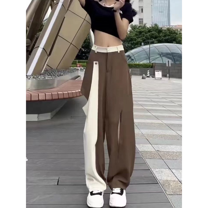 2023-เวอร์ชั่นเกาหลีใหม่สีตัดกันที่ผิดปกติการออกแบบชุดฮาเร็มลำลองกางเกงกางเกงขากว้าง