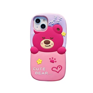 เคสโทรศัพท์มือถือ ซิลิโคน ลายหมีสีแดง สีชมพู 3D สําหรับ IPhone 11 12 13 14 Pro Max