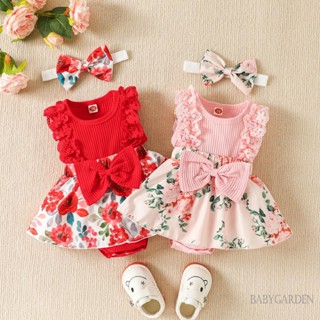 Babygarden-0-18 เดือน ชุดรอมเปอร์ แขนกุด คอกลม พิมพ์ลายดอกไม้ ลูกไม้ + ที่คาดผม สําหรับเด็กผู้หญิง