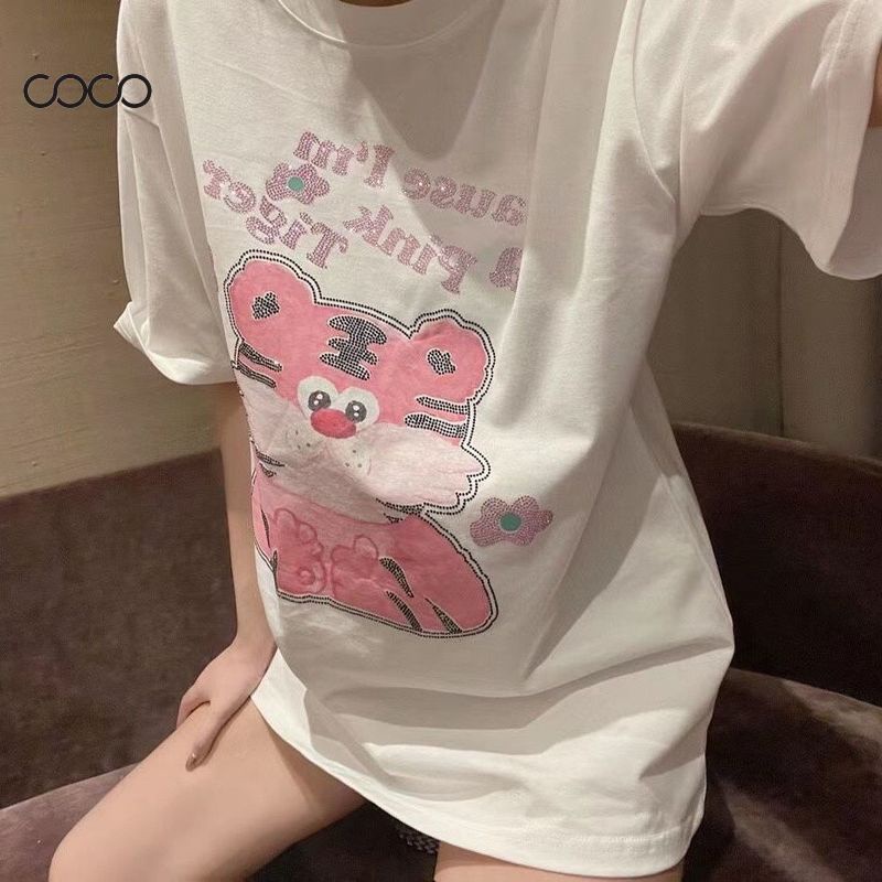 coco-เสื้อยืด-เสื้อยืดแขนสั้นพิมพ์ลายการ์ตูน-สไตล์แฟชั่นฉบับเกาหลี-ท็อปส์ซูหลวม-แฟชั่นผู้หญิง-3xl