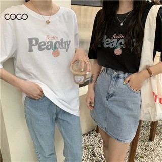 Coco~เสื้อยืดแขนสั้น ผ้าฝ้ายนุ่มสบาย การพิมพ์แฟชั่นฉบับเกาหลี