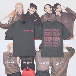 เสื้อยืดแขนสั้นลําลอง ผ้าฝ้าย ทรงหลวม พิมพ์ลาย KPOP BLACKPINK BORN PINK World Tour JISOO JENNIE ROSÉ LISA สไตล์เกาหลี แฟ