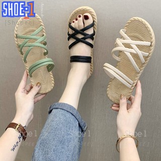 Shoe1 [พร้อมส่ง] รองเท้าแตะ ส้นเตี้ย พื้นแบน แถบบาง เหมาะกับเดินชายหาด แฟชั่นยอดนิยม สไตล์โรมัน สําหรับผู้หญิง