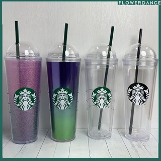 24ออนซ์ใหม่ Starbucks ถ้วยพลาสติก Double Layer Starbucks Tumbler โปร่งใส Reusable Arch หมวกดูดถ้วยสกรูถ้วยน้ำ Flowerdance