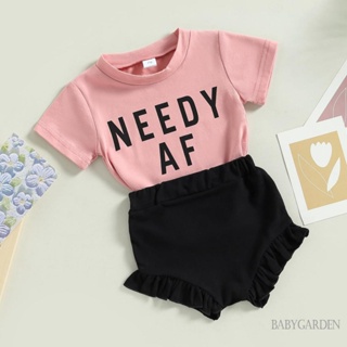 Babygarden- ชุดเสื้อยืดคอกลม แขนสั้น พิมพ์ลายตัวอักษร และกางเกงขาสั้น เอวยางยืด สีพื้น แฟชั่นฤดูร้อน สําหรับเด็กผู้หญิง
