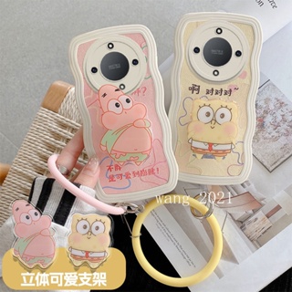 Phone Case Honor X9a 5G เคส New Cute Spongebob Cartoon Casing Lens Protection Big Waves Soft Cover with Bracket and Silicone Bracelet 2023 เคสโทรศัพท