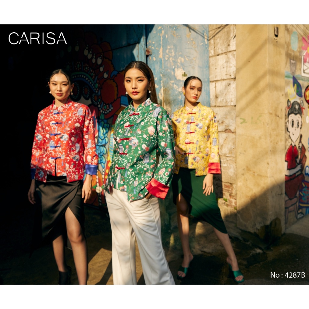 carisa-เสื้อ-ลายดอกไม้-ใส่รับตรุษจีน-ผ้าไหมจีนสกีนลายดอกไม้-กุ๊นตัดขอบด้วยสีทำให้ดูเด่น-4287b