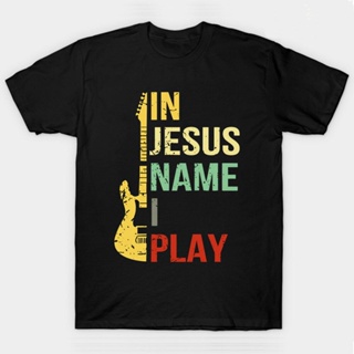 เสื้อยืดลําลอง แขนสั้น พิมพ์ลาย Guitar In Jesus Name I Play สไตล์วินเทจ สําหรับผู้ชาย สีดํา สีกรมท่า