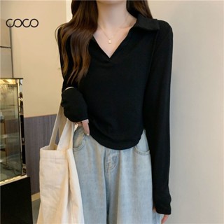 Coco ~ เสื้อยืดแขนยาวผู้หญิง  สีทึบคอ POLO  รูปร่างเพรียวบางดูผอม แฟชั่นผู้หญิง