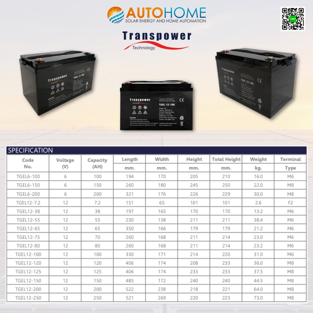เเบตเตอรี่ ไฮบริดเจล สำหรับโซล่าเซลล์ 12V 150Ah ยี่ห้อ Transpower ...
