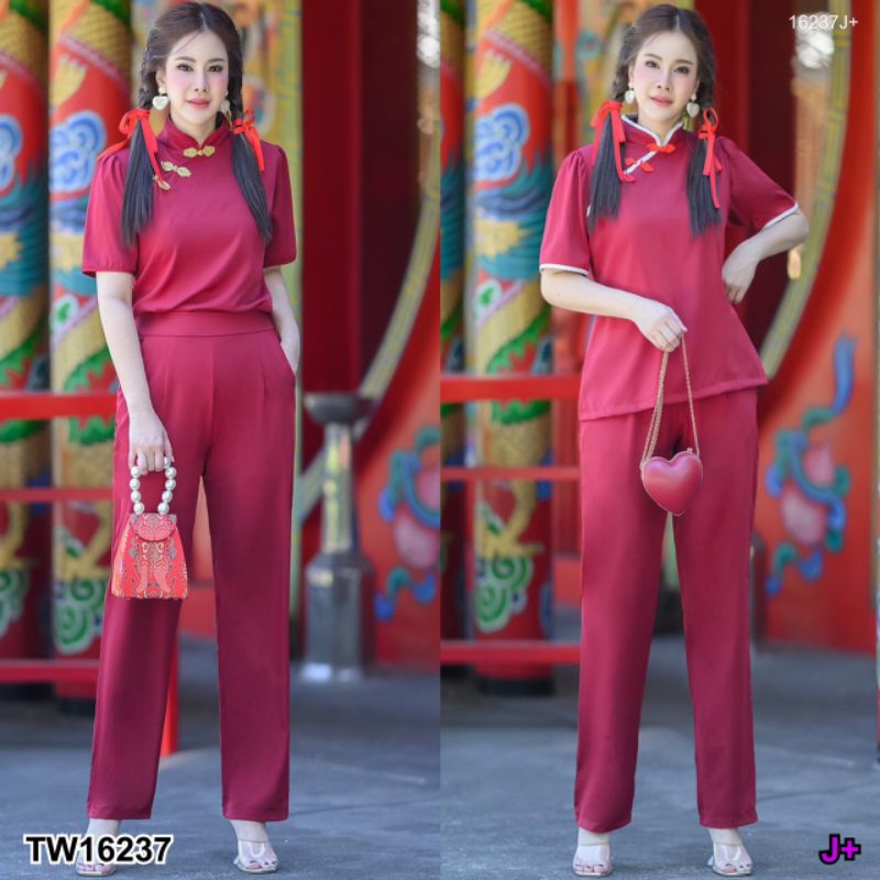 กี่เพ้า-ชุดเซท-เสื้อคอจีน-แขนสั้น-กางเกงขายาว-เสื้อผ้าแฟชั่น-ตรุษจีน-ชุดสีแดง-ชุดสาวอวบ-16237