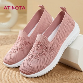 Atikota รองเท้าสลิปออน พื้นนิ่ม ปักลาย ระบายอากาศ ใส่สบาย สําหรับผู้หญิง