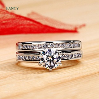 Fancy แหวนหมั้น ประดับเพทาย ทรงกลม คุณภาพสูง สีเงิน เรียบง่าย สําหรับผู้หญิง 2 ชิ้น ต่อชุด
