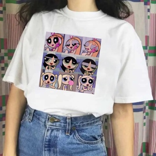 Cute The Powerpuff Girls Tops Summer Women Round Collar Tshirt Cute Cartoon White Tops New Year Tops_05