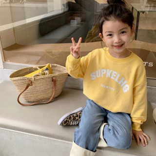 เสื้อกันหนาวแขนยาว มีฮู้ด พิมพ์ลายตัวอักษรน่ารัก สไตล์เกาหลี สําหรับเด็กผู้หญิง