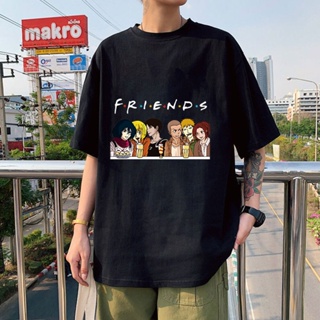 คอลูกเรือ【Boutique T-shirt】เสื้อยืดแขนสั้นลําลอง ทรงหลวม พิมพ์ลายอนิเมะ Attack on Titan Friends Send To Friends สไต_07