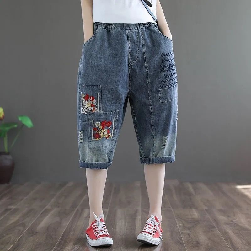 กางเกงเอวบาง-กางเกงขายาว-7-ท่อนกางเกงขายาวสไตล์เกาหลีเอวหลวมเอวสูงเอวสูงกางเกงลายปัก-5-ขีดสาวนุ่งกางเกงขาสั้นลายปัก