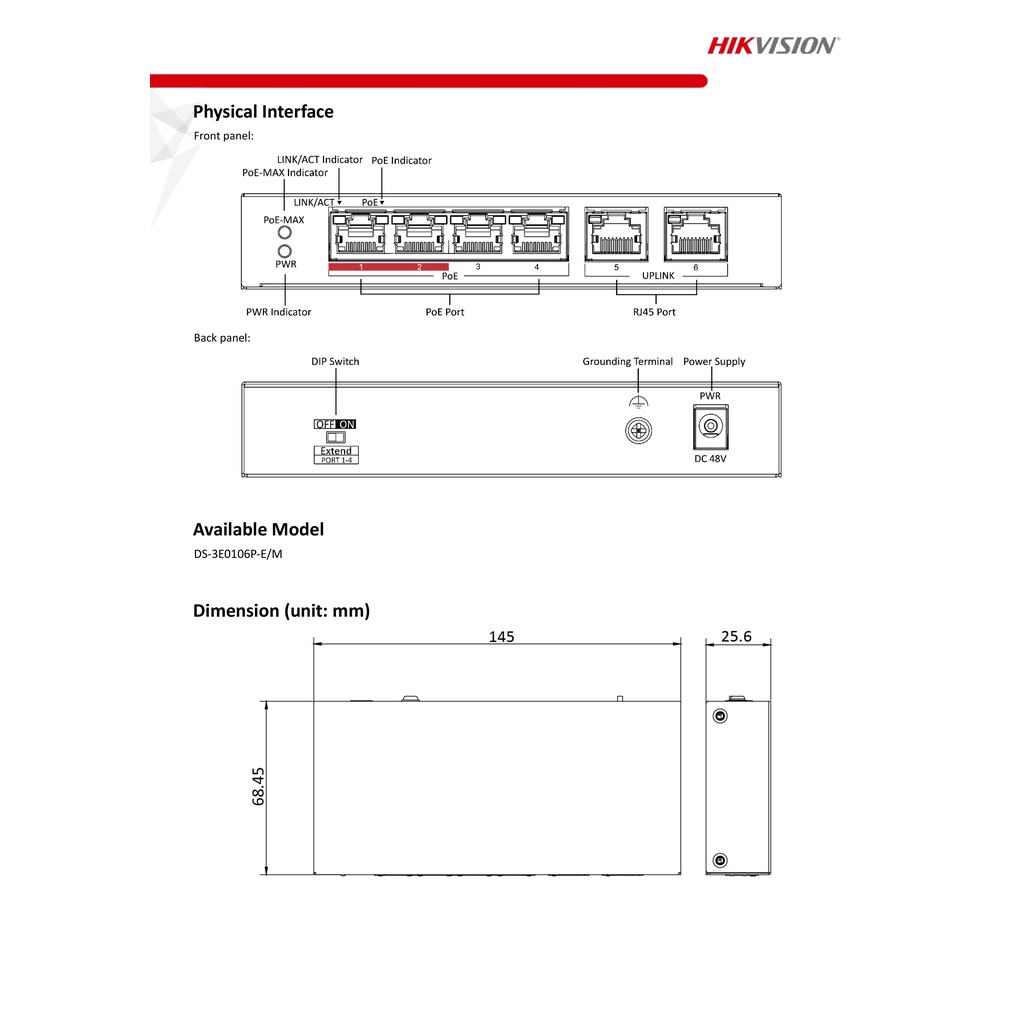 hikvision-4-port-fast-ethernet-unmanaged-poe-switch-ds-3e0106p-e-m-4-x-10-100mbps-poe-ports-2-10-100mbps-rj45-port