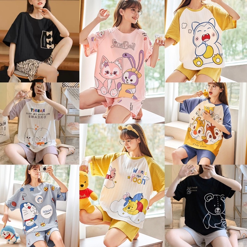 ชุดนอนลายการ์ตูนน่ารัก ชุดนอนสตรี แขนสั้น ชุดอยู่บ้าน ชุดสูท | Shopee ...