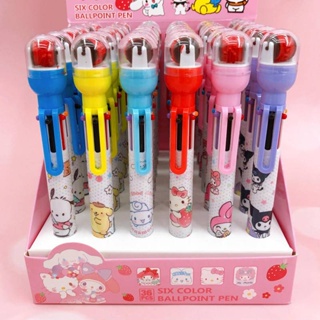 Sanrio Mymelody Kuromi Cinnamoroll Pom Pom Purin Pochacco ปากกาลูกลื่น 6 สีในชุดเดียว สําหรับเขียน โรงเรียน สํานักงาน เครื่องเขียนเด็ก