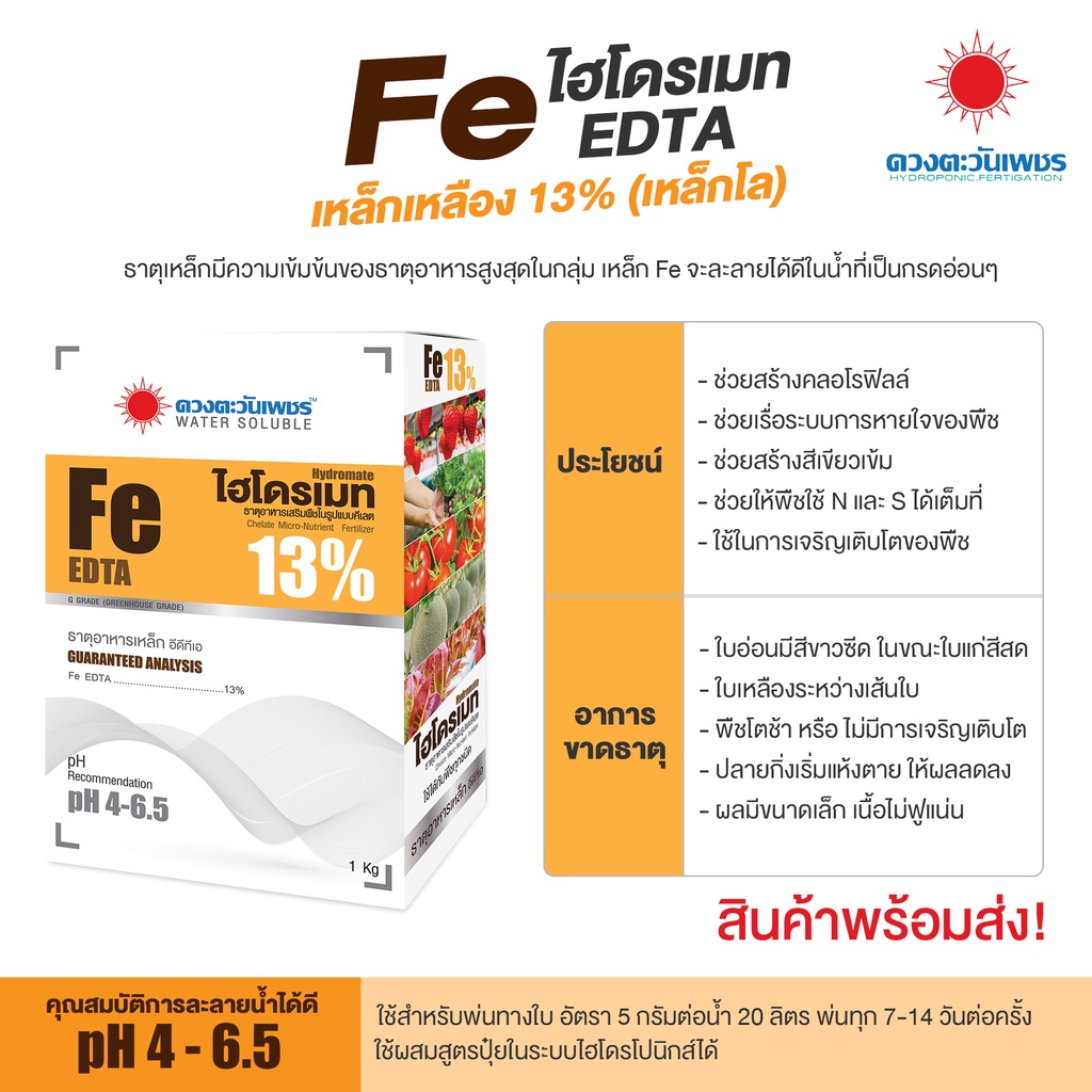 ราคาและรีวิวเหล็กเหลือง Fe -EDTA 13% ไฮโดรเมท แบบผงขนาด 1 Kg.
