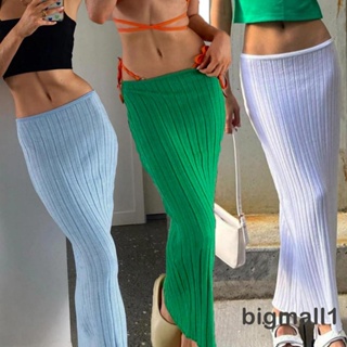 Bigmall- กระโปรงผ้าฝ้ายถัก ลําลอง สีพื้น สําหรับผู้หญิง