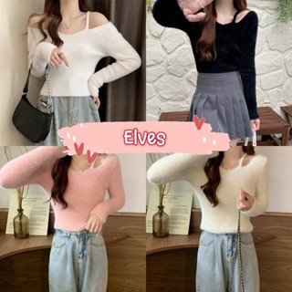 Elves✨พร้อมส่ง✨ เสื้อเปิดไหล่ไหมพรม ขนมุ้งมิ้ง สีพาสเทลน่ารักคิ้วมาก ~98128~