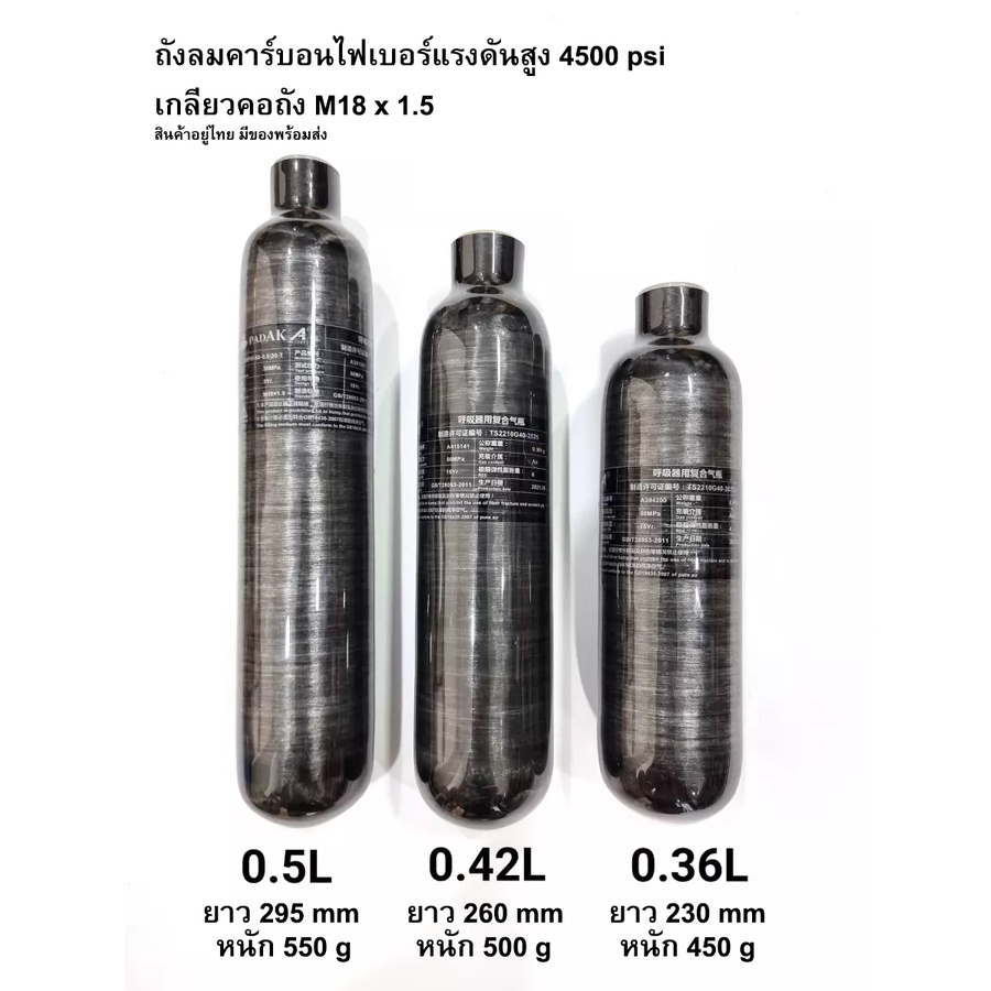 ภาพหน้าปกสินค้าถังคาร์บอนไฟเบอร์ 3 ขนาด 0.36 0.42 0.5 ลิตร รับแรงดันสูง 4500psi 300 bar 30Mpa เกลียวคอถัง M18x1.5 สีดำเงา จากร้าน wire4fun บน Shopee