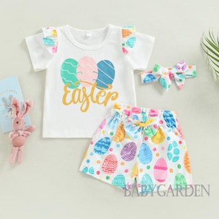 Babygarden-1-5 ปี ชุดเสื้อผ้าเด็กผู้หญิง, เสื้อยืดแขนสั้น พิมพ์ลายตัวอักษรไข่ + กางเกงขาสั้น โบว์ + ที่คาดผม สําหรับอีสเตอร์