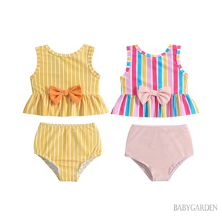 Babygarden-6 เดือน -4 ปี ชุดว่ายน้ําเด็กผู้หญิง สองชิ้น, เสื้อคอกลม แขนกุด พิมพ์ลาย + บิกินี่ด้านล่าง