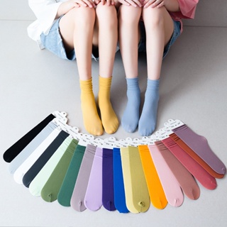 ถุงเท้าข้อกลาง สีพื้น ถุงเท้านักเรียนพื้นกันลื่น สไตล์ญี่ปุ่น ผ้า cotton นิ่ม ระบายอากาศได้ดี（1 คู่）