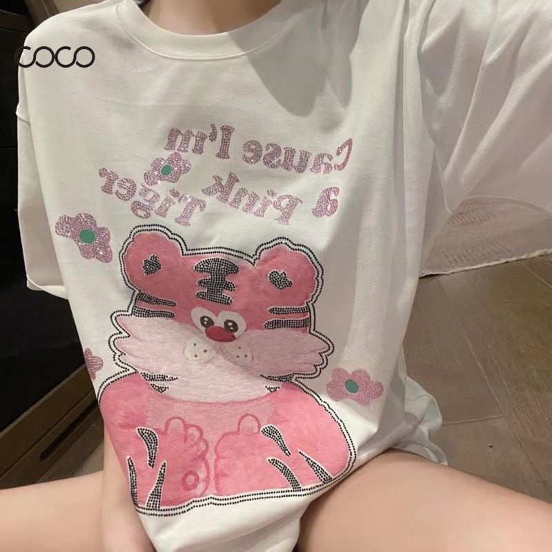 coco-เสื้อยืด-เสื้อยืดแขนสั้นพิมพ์ลายการ์ตูน-สไตล์แฟชั่นฉบับเกาหลี-ท็อปส์ซูหลวม-แฟชั่นผู้หญิง-3xl