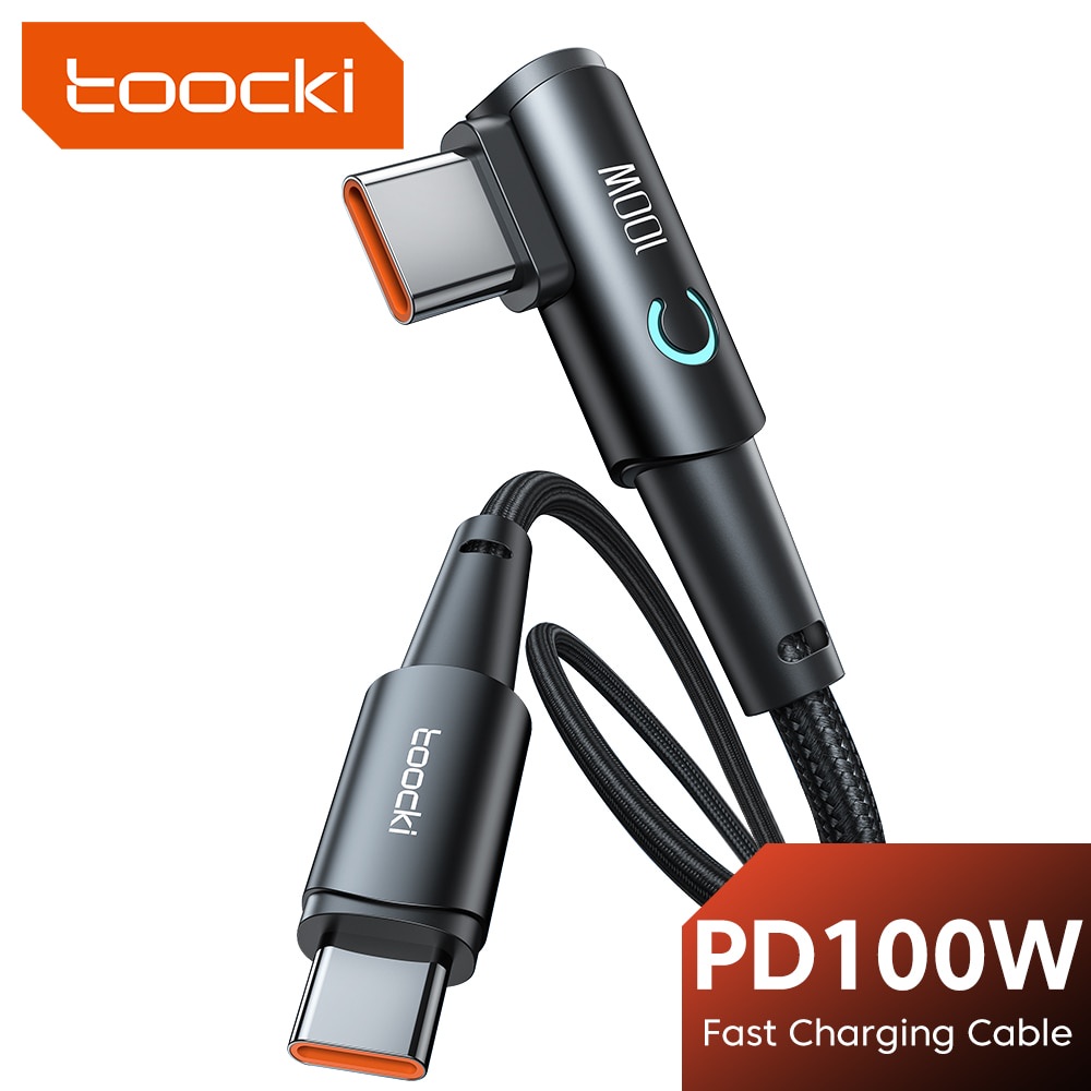 Toocki USB ประเภท C ไปยัง USB C สาย 90 องศาข้อศอก PD 100 วัตต์ชาร์จไฟรวดเร็ว LED สายข้อมูลสำหรับ แล็ปท็อปประเภท C สายข้อมูล