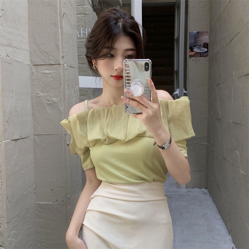เสื้อเปิดไหล่-เสื้อเชิ้ต-เปิดไหล่ข้างเดียว-ผ้าชีฟอง-แต่งระบาย