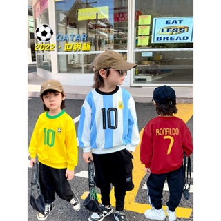 เสื้อกีฬาแขนสั้น ผ้าฝ้าย 100% พิมพ์ลายฟุตบอล World Cup Messi Ronaldo Neymar สําหรับเด็กผู้ชาย