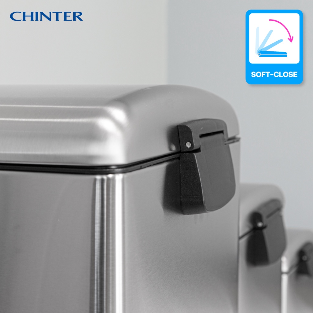 chinter-f-0336ถังขยะเท้าเหยียบสแตนเลสทรงเหลี่ยม-soft-close-ขนาด40ลิตร-สีเงิน