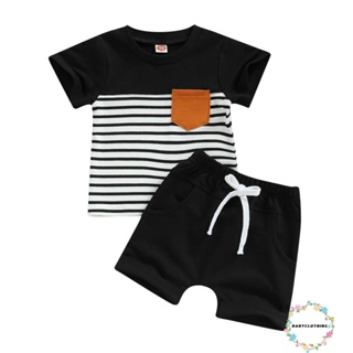 Babyclom- ชุดเสื้อยืดคอกลม แขนสั้น พิมพ์ลายทาง และกางเกงขาสั้น เอวยางยืด สีพื้น แฟชั่นฤดูร้อน สําหรับเด็กผู้ชาย