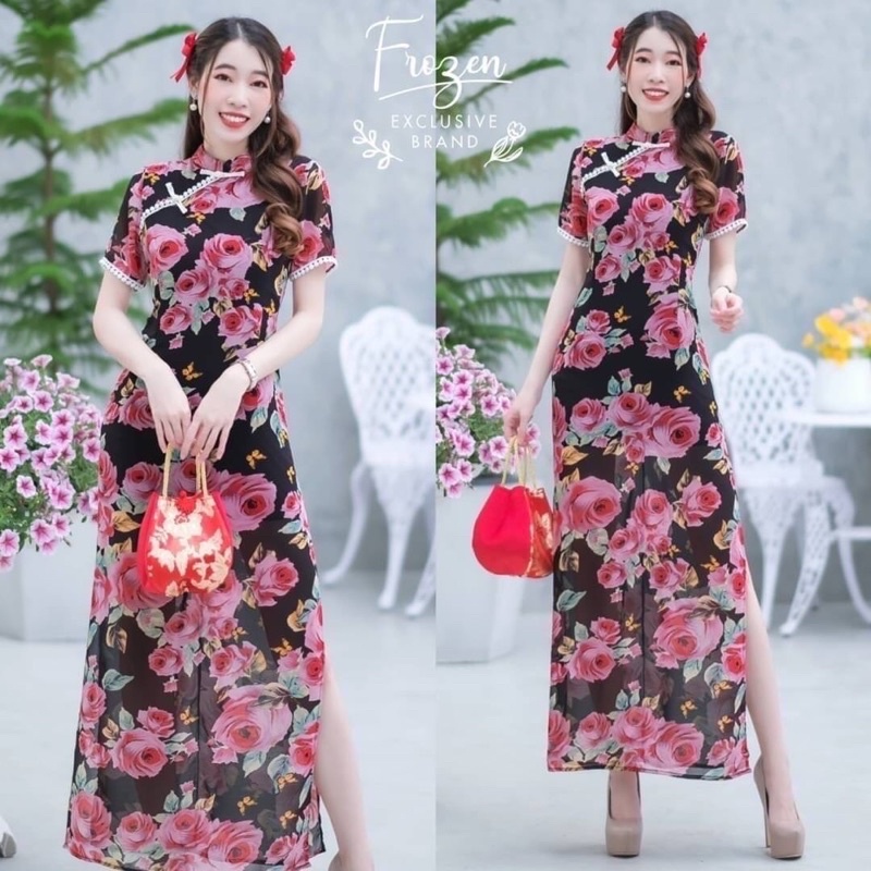 ชุดเดรสกี่เพ้าแขนสั้น-ทรงสอบ-ผ้าซีฟองมีซับในหน้าหลังมีซิปหลัง-แต่งรอบแขนด้วยลูกไม่ใส่รับตรุษจีนเลย