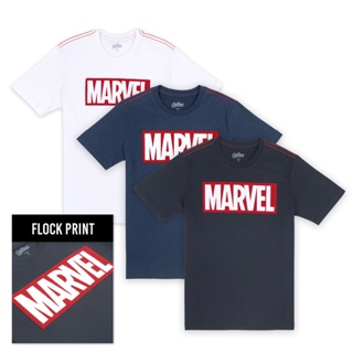 Marvel Men logo Flock Print Micro Brush T-Shirt - เสื้อมาร์เวลผู้ชายพิมพ์กำมะหยี่ ผ้าไมโครบรัช สินค้าลิขสิทธ์แท้100_01