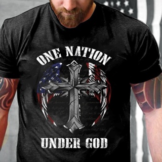 ใหม่ เสื้อยืด พิมพ์ลาย s One Nation Under God Jesus Christ The Holy cross Patriotic Christian 4th สําหรับผู้ชาย