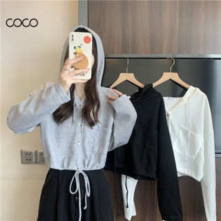 Coco~สุภาพสตรี Hoodies เสื้อโค้ทบาง เสื้อคลุมหลวมสั้น สไตล์ลำลองฉบับเกาหลีท็อปส์ซูสำหรับสุภาพสตรี