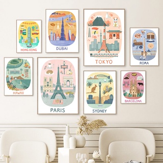 โปสเตอร์ภาพวาดผ้าใบ รูปเมืองปารีสซิดนีย์ Barcelona World Travel City สไตล์นอร์ดิก สําหรับตกแต่งผนังห้องนั่งเล่น