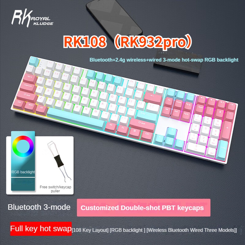 ใหม่ RK108 RGB คีย์บอร์ดเกมมิ่ง ไร้สาย บลูทูธ 2.4g มีสาย usb 3 โหมด 108 ...