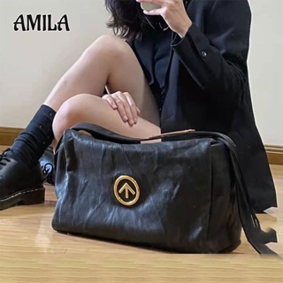 AMILA กระเป๋าโท้ทสีดำย่นหนัง PU หญิงความจุสูงสะพายไหล่เดินทางนุ่ม