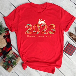 เสื้อยืดสีขาวเสื้อยืดผ้าฝ้าย 2023 [Ready Stock] Happy Cute Chinese New Year of Rabbit Red Tshirt Cal Adult Women Tee Shi