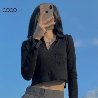 Coco~เสื้อยืดแขนยาวสำหรับสุภาพสตรี สีทึบ Slim Fit สั้นด้านบน ปลอกคอ POLO